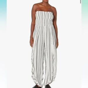 Angie Black and White Strapless Striped Jumpsuit with Flowing Legs